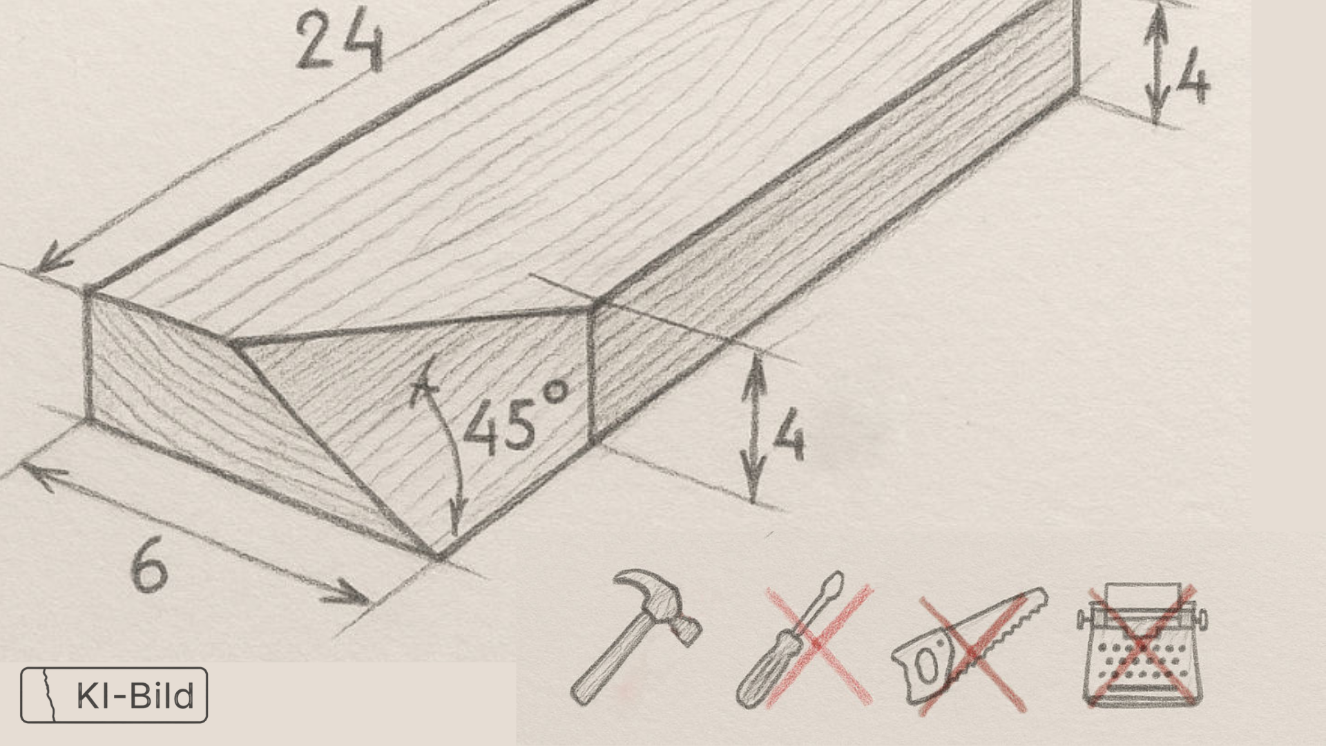 Mehrere unterschiedliche Werkzeuge auf einer Skizze für Holzbearbeitung - alle bis auf eines durchgestrichen.