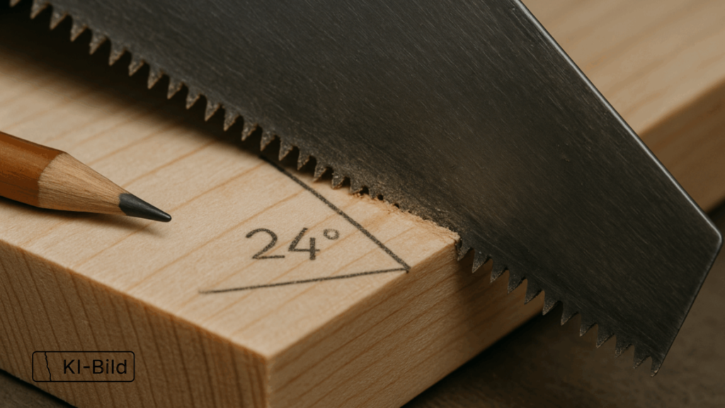 Ein schiefer Sägeschnitt in einem Holzbrett, daneben die angerissene Markierungslinie, die der Schnitt knapp verfehlt hat.