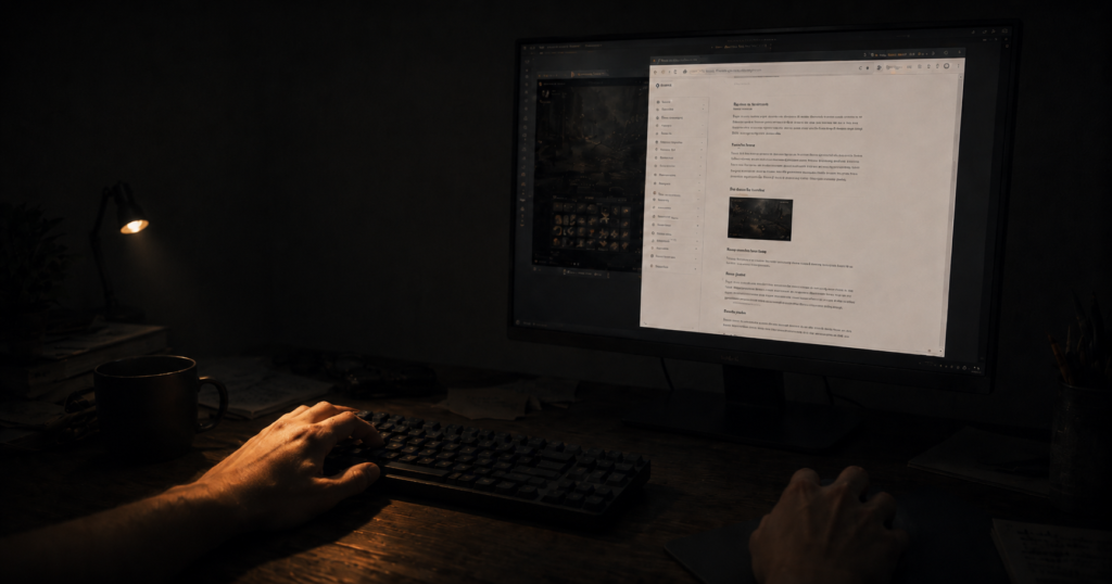 Close view of hands on a keyboard, a monitor showing a game wiki with sidebar navigation, section headers and an embedded screenshot. The game window is visible but pushed to the background. A desk lamp casts warm amber light on the left hand and a small area of the wooden desk. The room is dark.