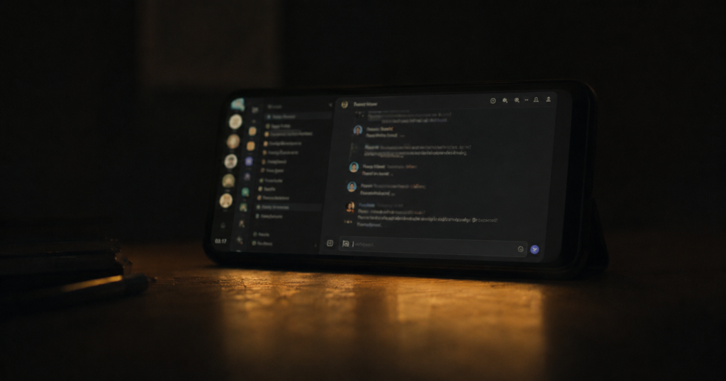 A phone lying on a dark wooden surface, screen showing a Discord help channel with a conversation thread visible. The time 03:17 is readable in the interface. The screen glow reflects as amber light on the surface below. The rest of the scene is in deep shadow.