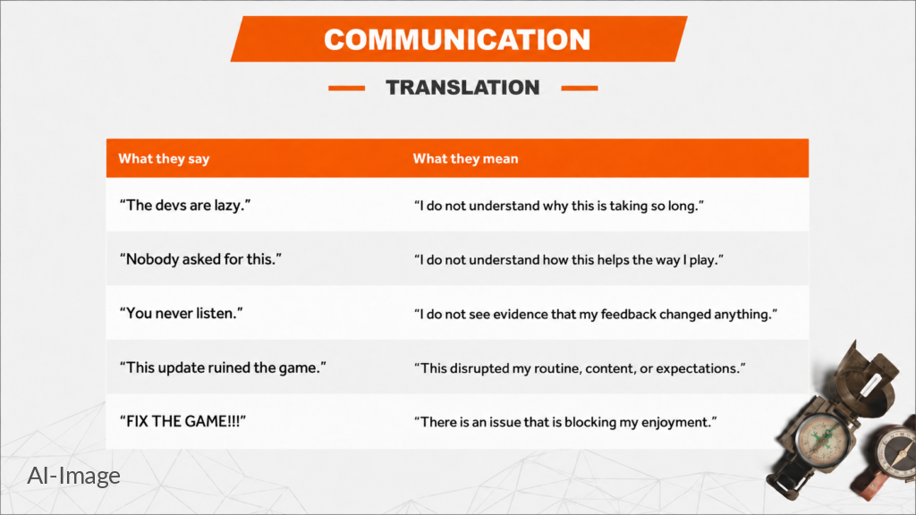 Slide from Niles George's talk at Game Access 2026: player feedback needs translation.