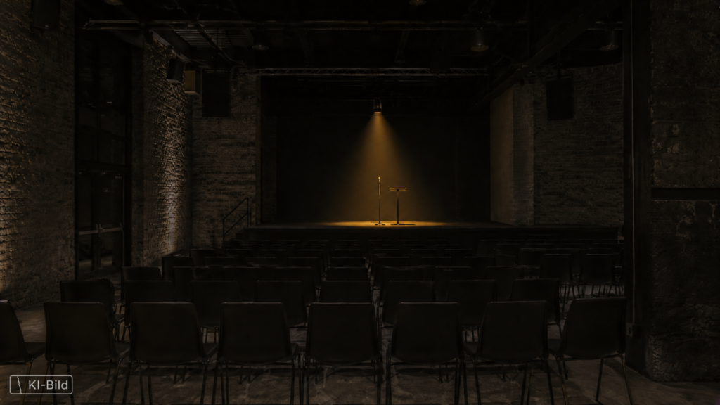 Leerer Veranstaltungssaal nach einer Konferenz. Leere Stuhlreihen vor einer kleinen, abgedunkelten Bühne mit einem einzelnen Mikrofonständer, warmes Punktlicht, keine Personen.