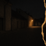 Menschenleere Straße in Tallinn bei Nacht, beleuchtet von einer einzelnen Straßenlaterne mit warmem Licht. Dunkle, ruhige Häuserzeile, keine Personen.