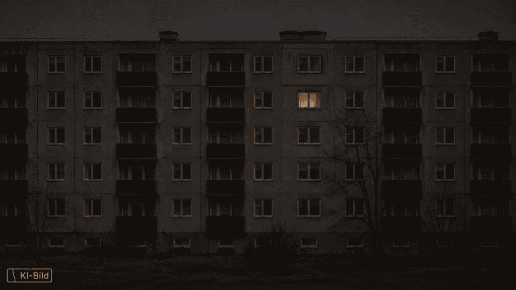 Dunkle Hausfassade bei Nacht mit einem Raster aus Fenstern. Fast alle dunkel, ein einziges Fenster warm erleuchtet, die Etagen wirken wie übereinanderliegende Ebenen, keine Personen.