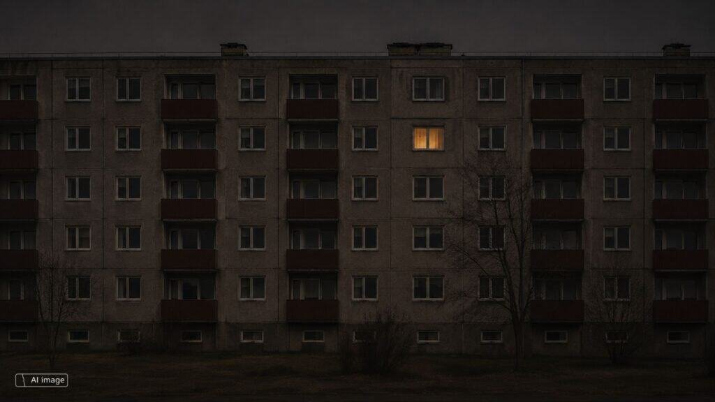 Dark facade of a multi-storey building at night, with a grid of windows. Almost all are dark; a single window glows warm. The floors read like stacked layers. No people.