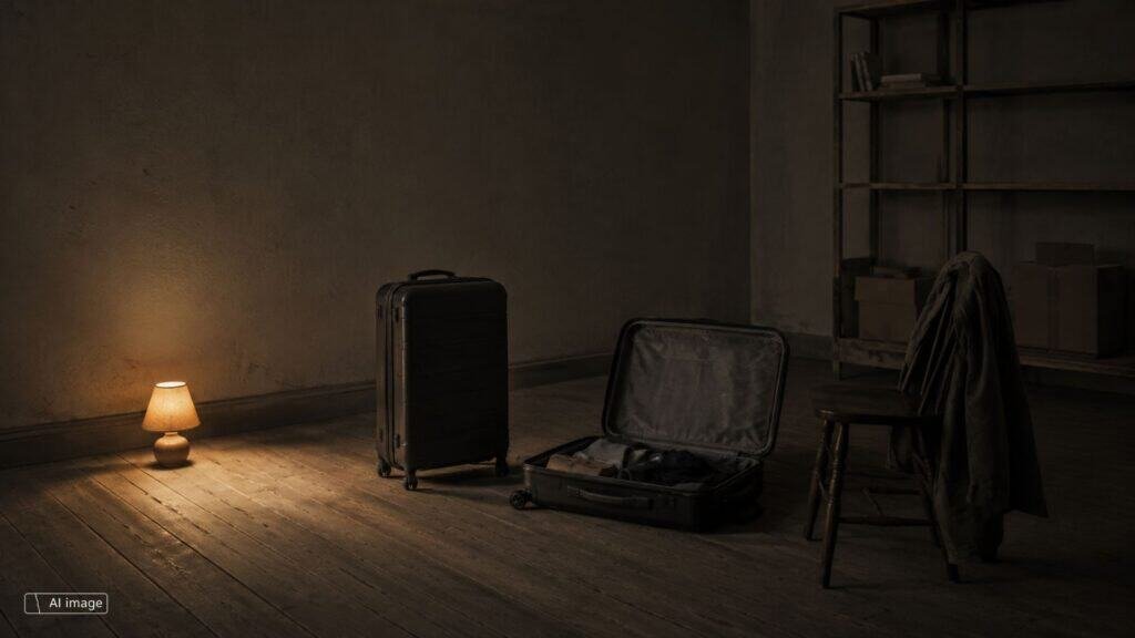 A half-emptied room at dusk. Two suitcases stand in the middle, one closed and upright, one open and half packed. A coat hangs over a wooden chair, with a few moving boxes against a stripped shelf in the background. A single bare bulb on a cord casts a soft, warm amber glow over the floorboards and the nearest suitcase. No other light. Muted charcoal and sand tones.