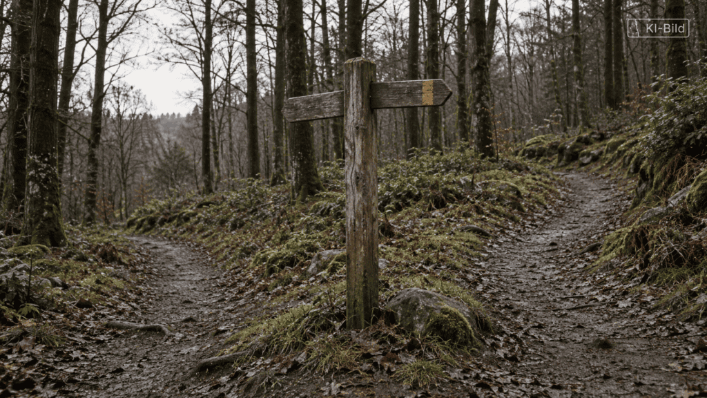 Ein verwitterter Holzwegweiser an einer Gabelung zweier Waldwege, einer der Arme trägt eine bernsteinfarbene Markierung.