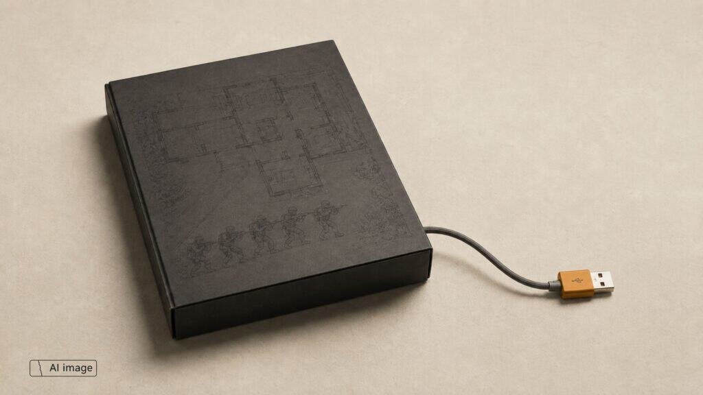 A closed dark box on a pale surface, a cable with an orange plug emerging from underneath and running out of frame.