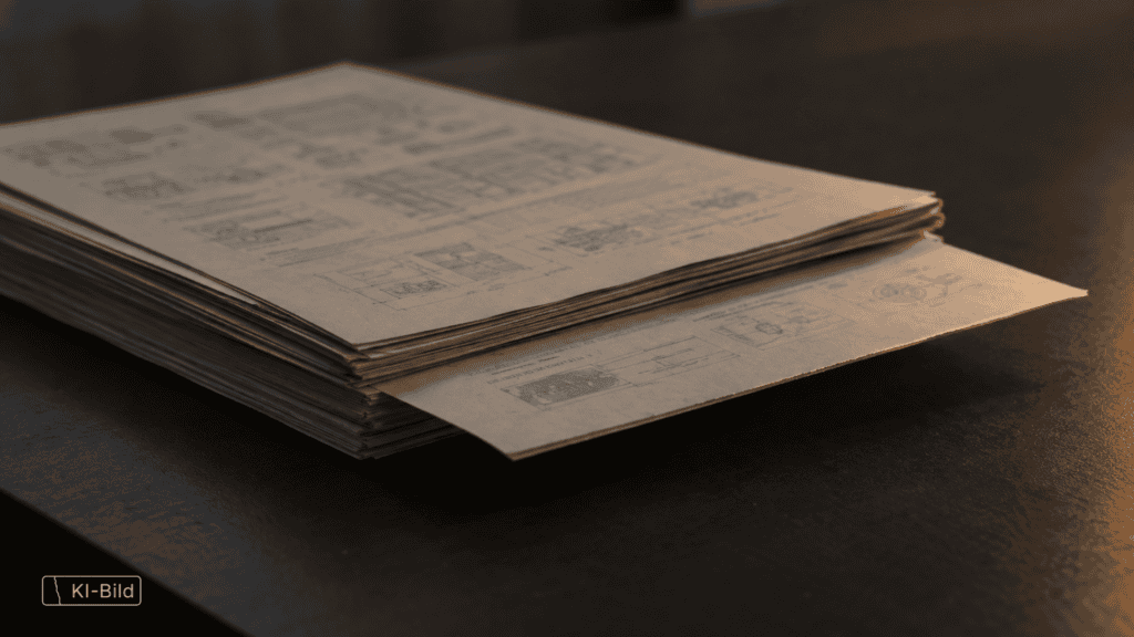 Ein Stapel technischer Datenblätter auf einem dunklen Tisch; ein einzelnes Blatt ragt seitlich heraus und fängt Licht.