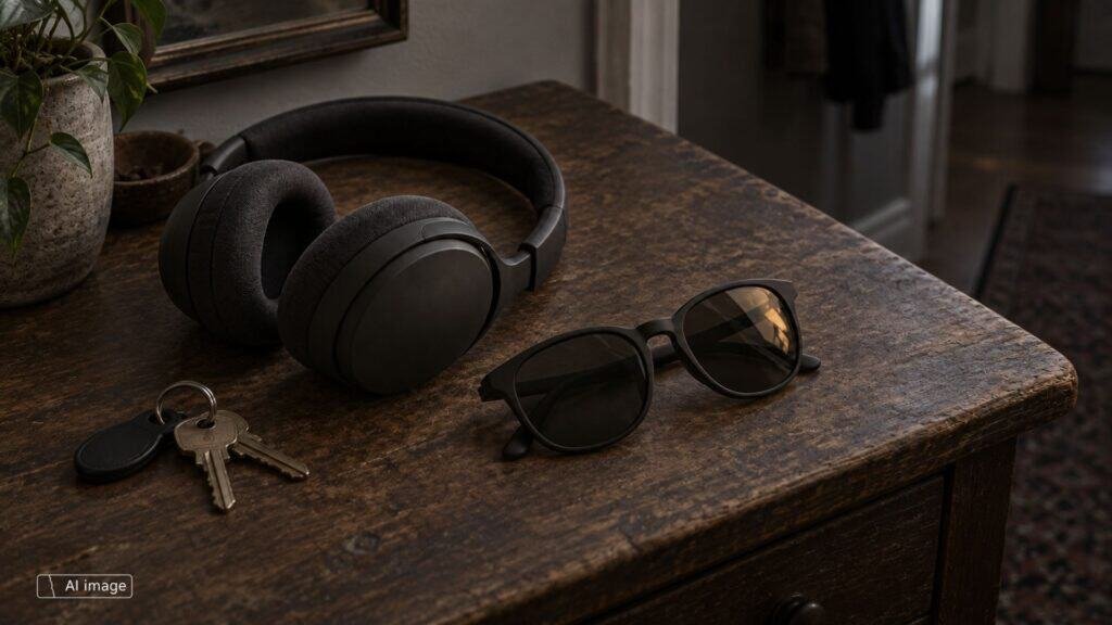 Headphones, sunglasses and a set of keys on a worn hallway table, put down in passing; an open door in the background. Label: AI image.