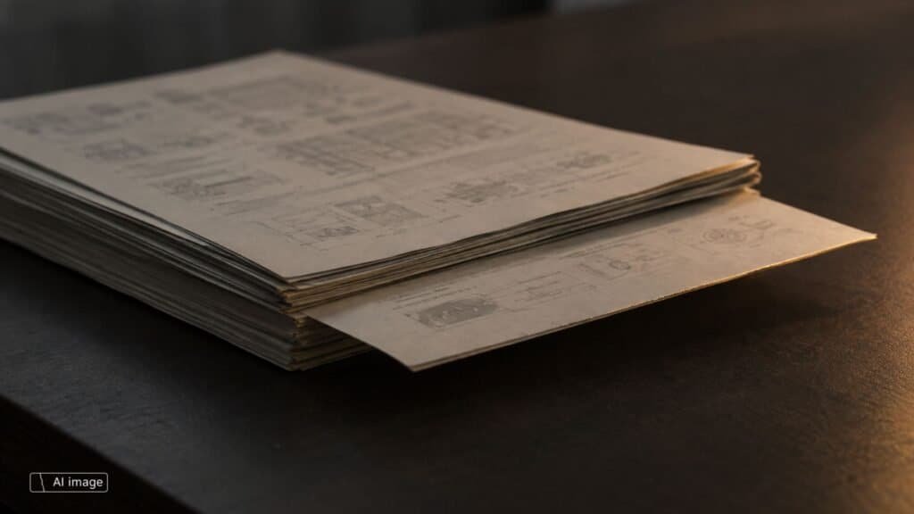 A stack of technical data sheets on a dark desk; a single sheet protrudes from the side and catches the light. Label: AI image