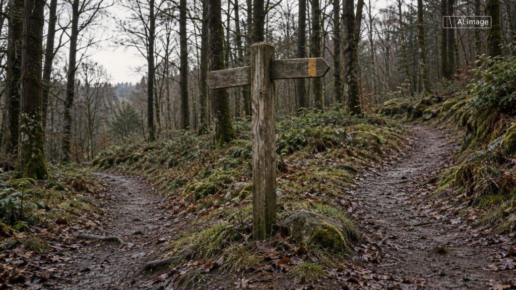 A weathered wooden waymarker at a fork of two forest paths; one of its arms bears an amber mark. Label: AI image.