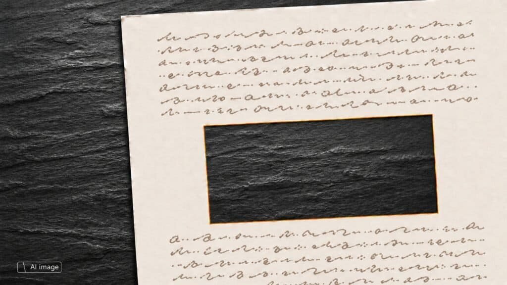 A handwritten sheet on dark slate with a rectangular section cut out of its middle; the cut edge is amber. Label: AI image.